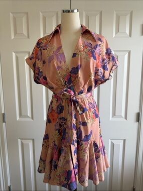 NWT Hello Molly Finding Ways V-Neck Floral Mini Dress Peach Purple Belt Size L